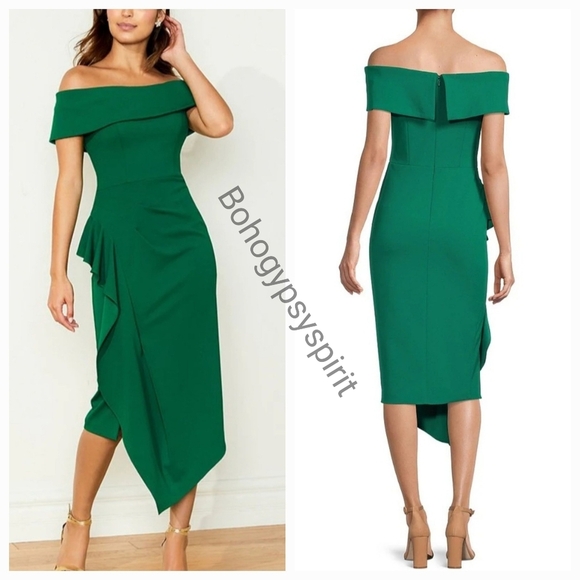 $239 Midi Green Off the Shoulder Scuba Crepe Side Ruched Dress - Picture 2 of 13